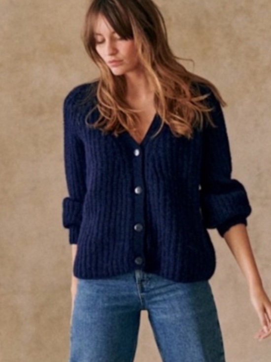 Sezane Sweaters - Sezane Navy Ribbed Button-Up V-Neck Cardigan